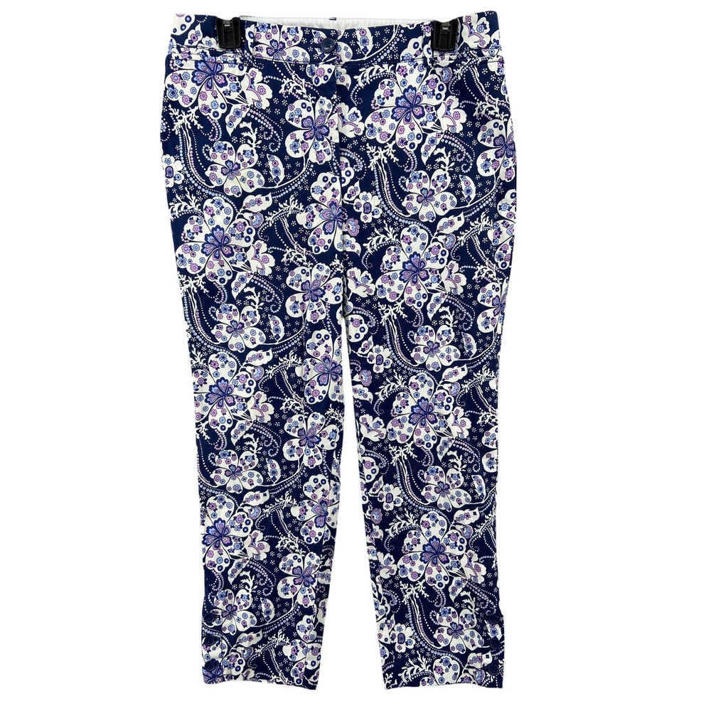 Talbots Pants Women's Sz 6 Perfect Crop Navy Blue Floral Print Casual Button